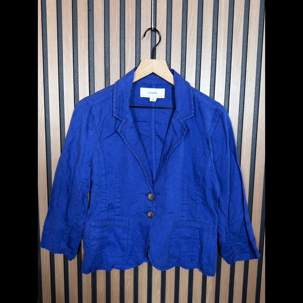 New Caslon Jacket Small Womens Blue Mazarine 100% Linen 2-Button Pockets